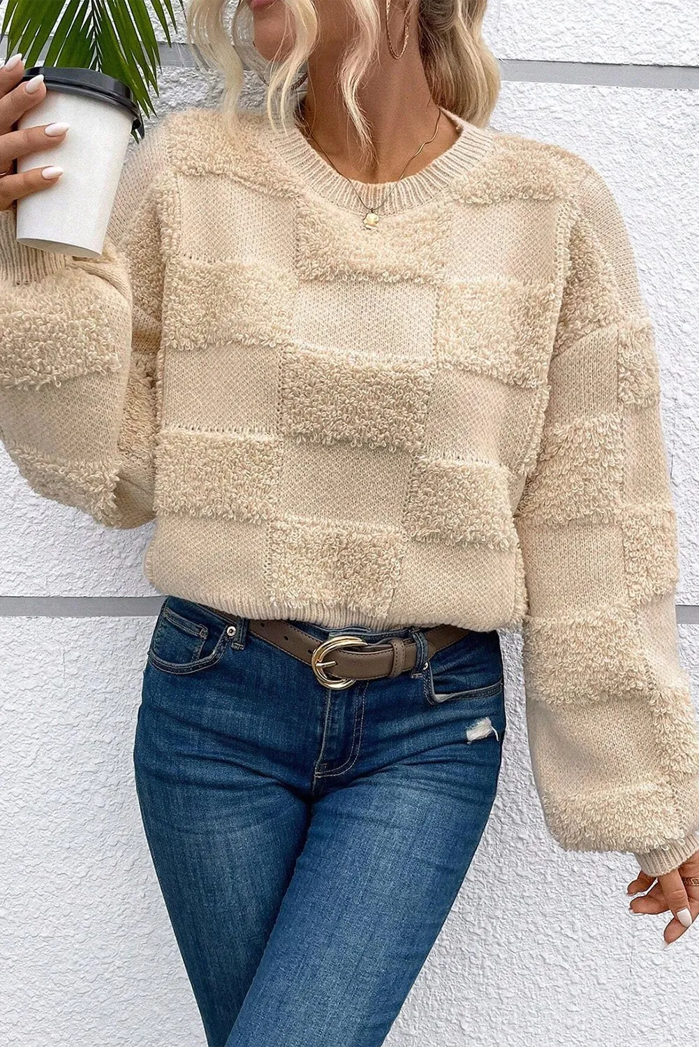 Parchment Checkered Sherpa Crew Neck Sweater