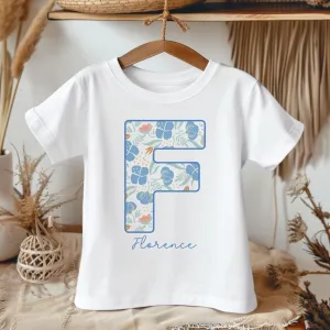 Personalised Name Blue Flowers Theme Toddler & Kids T Shirt