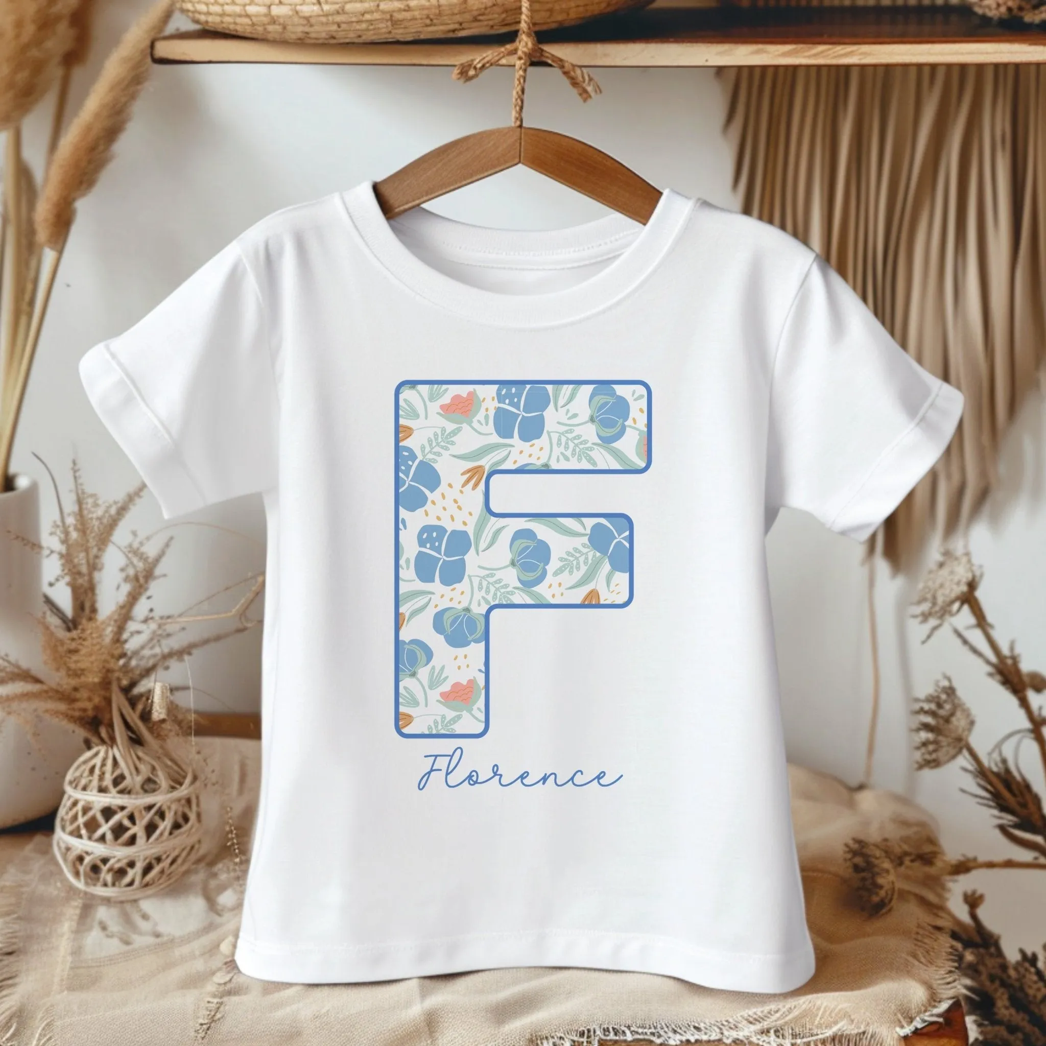 Personalised Name Blue Flowers Theme Toddler & Kids T Shirt