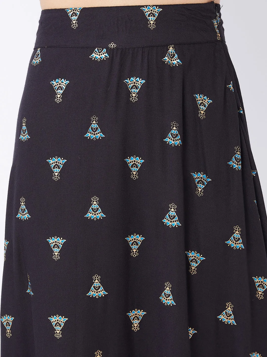 Pitch Black Printed Side Slit Long Skirt