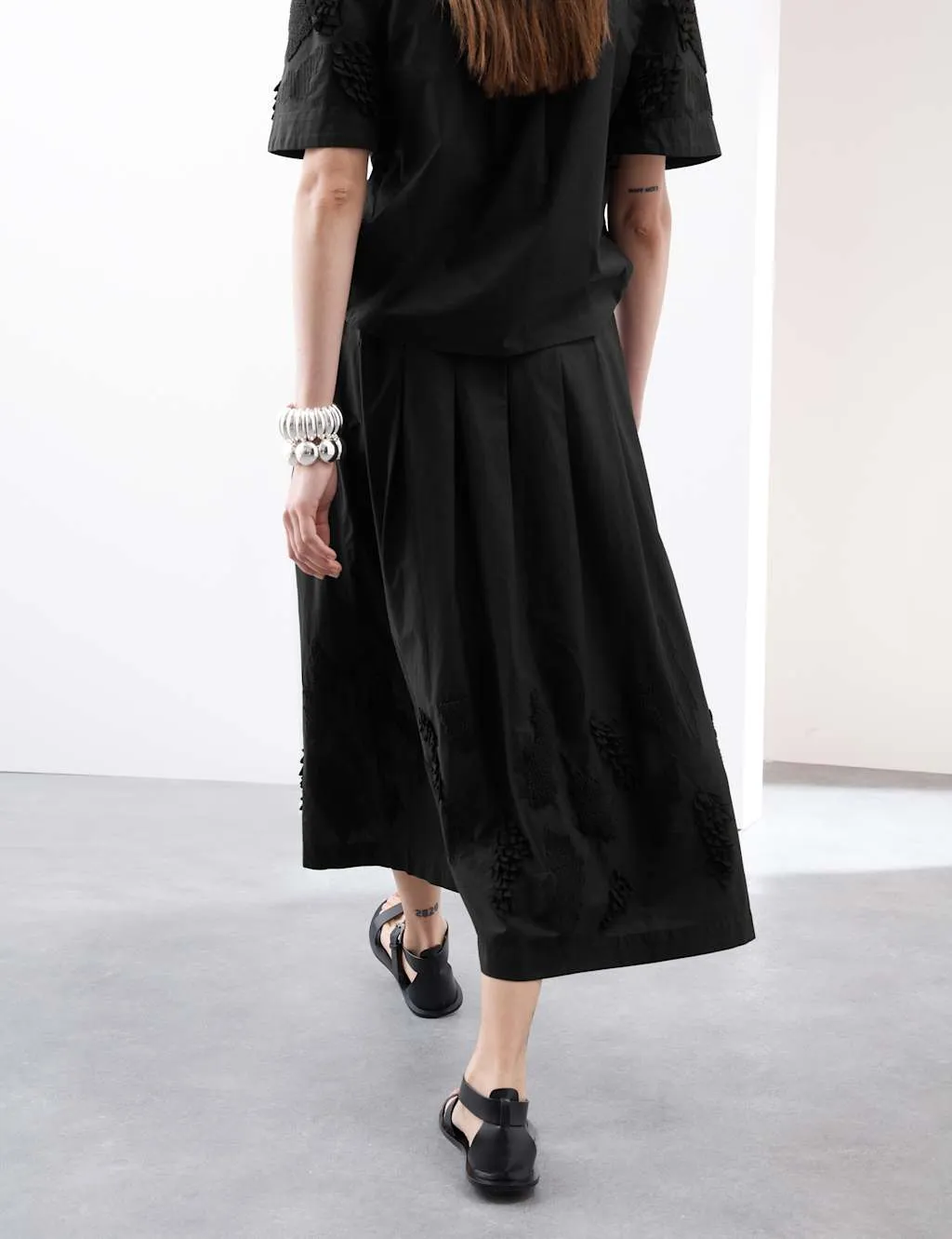 Pure Cotton Embroidered Midi A-Line Skirt