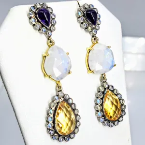 "Magic Moonstone!" 2.25" by Barb Earrings - Amethyst, Moonstone, Citrine, Gold Sterling