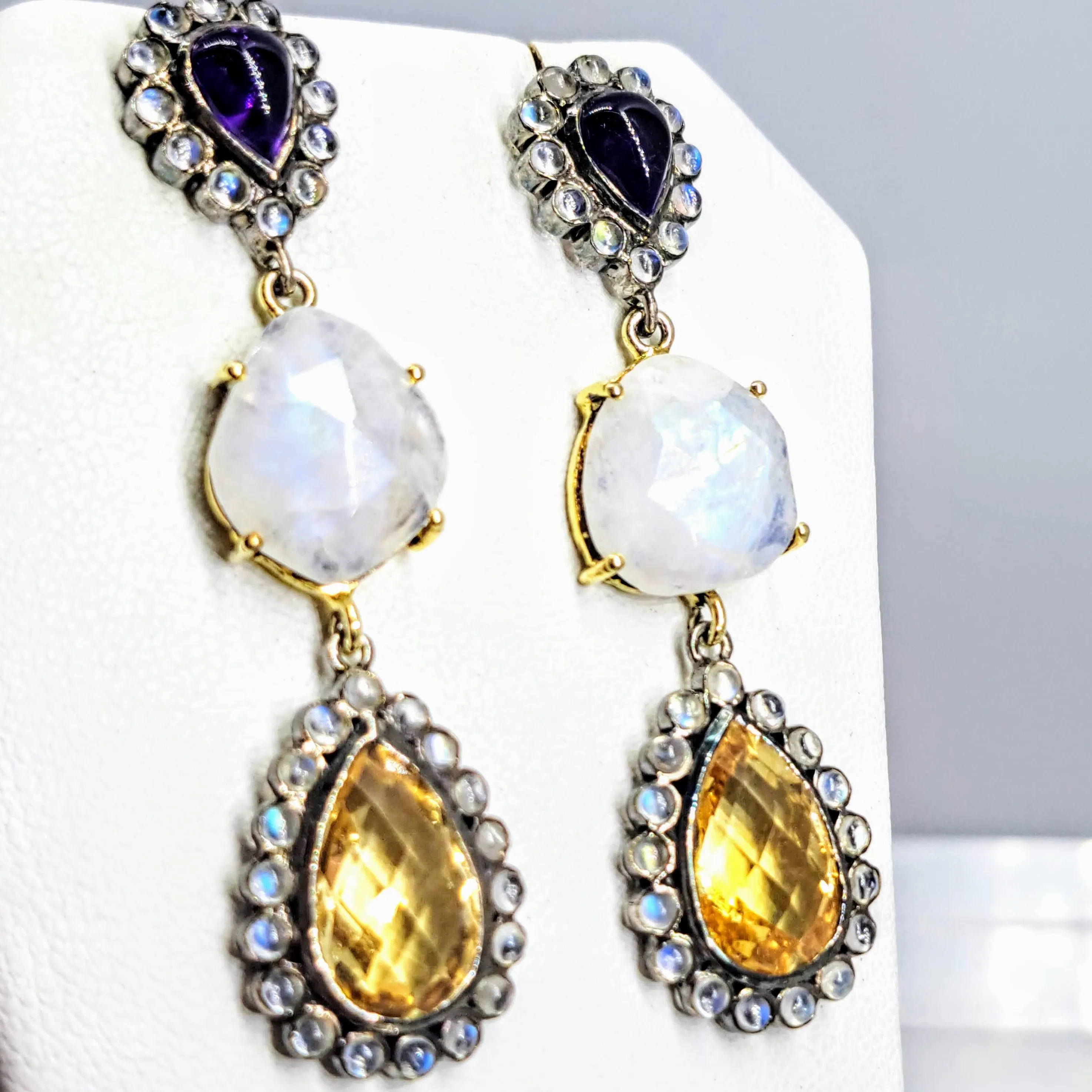 "Magic Moonstone!" 2.25" by Barb Earrings - Amethyst, Moonstone, Citrine, Gold Sterling