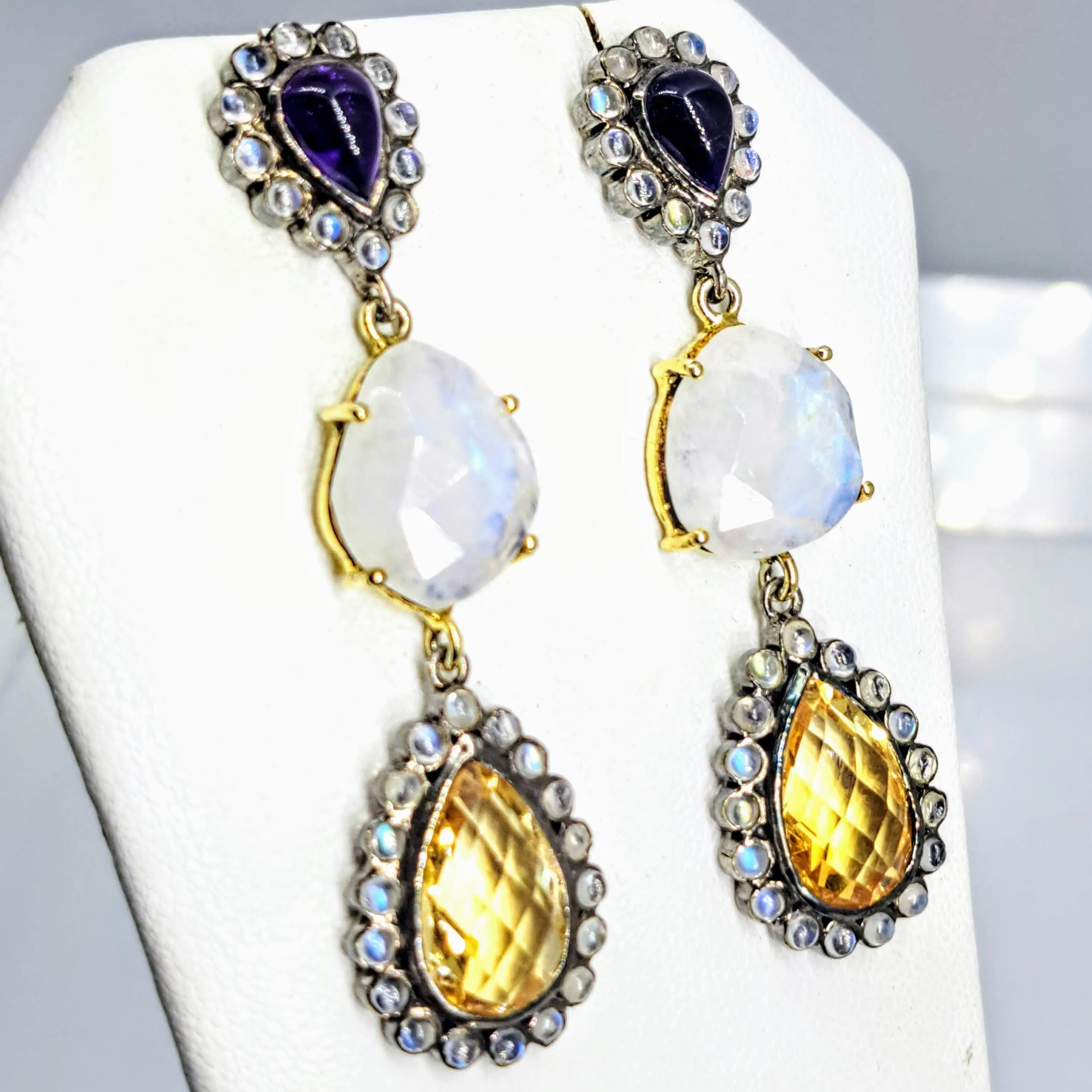 "Magic Moonstone!" 2.25" by Barb Earrings - Amethyst, Moonstone, Citrine, Gold Sterling