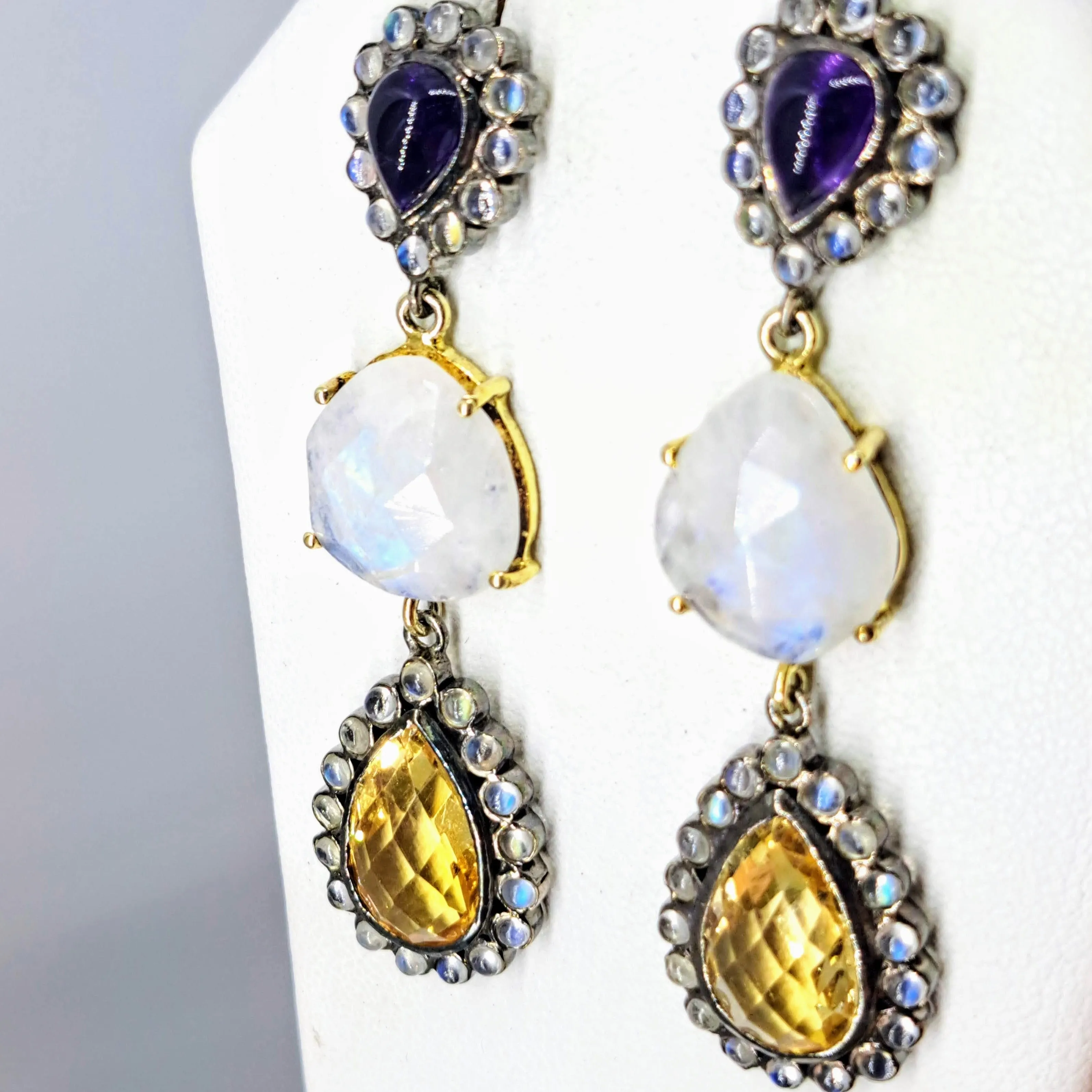 "Magic Moonstone!" 2.25" by Barb Earrings - Amethyst, Moonstone, Citrine, Gold Sterling
