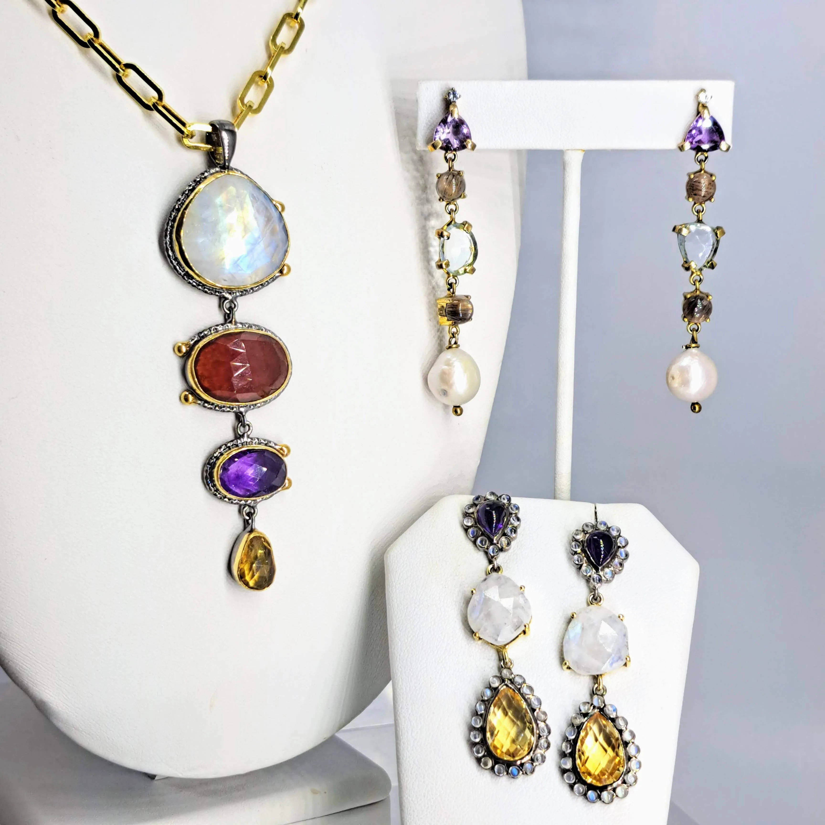 "Magic Moonstone!" 2.25" by Barb Earrings - Amethyst, Moonstone, Citrine, Gold Sterling