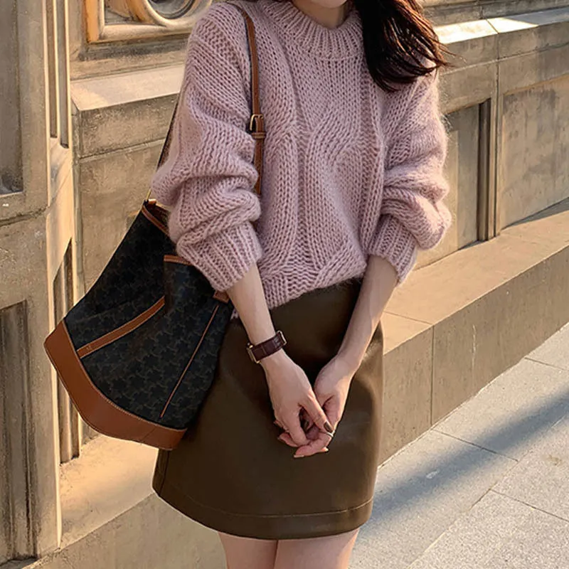 Round Neck Thick-Knitted Cable Sweater, New Autumn and Winter Style, Solid Color Top, Pullover Sweater for Women.C-241105-1
