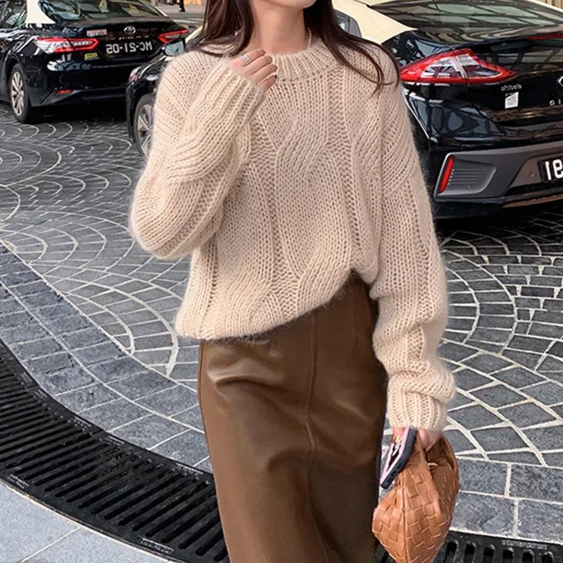 Round Neck Thick-Knitted Cable Sweater, New Autumn and Winter Style, Solid Color Top, Pullover Sweater for Women.C-241105-1