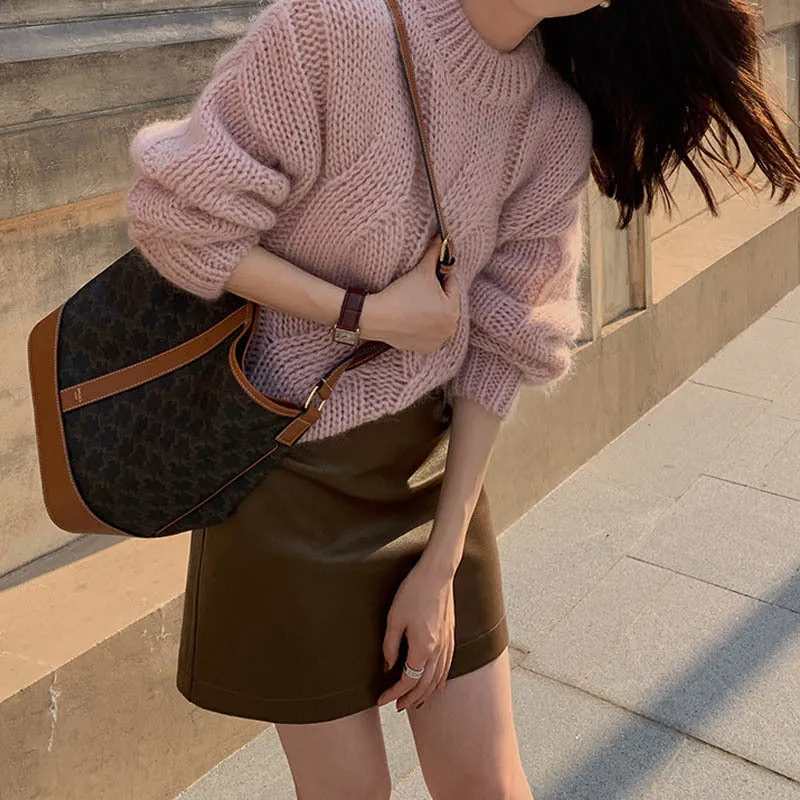Round Neck Thick-Knitted Cable Sweater, New Autumn and Winter Style, Solid Color Top, Pullover Sweater for Women.C-241105-1