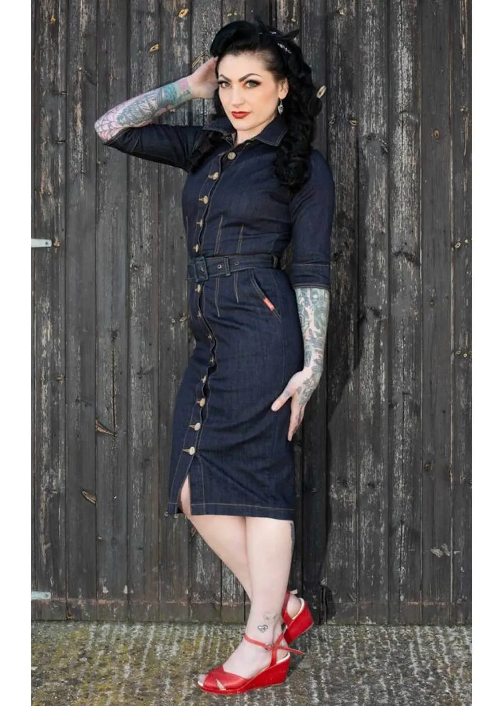 Rumble59 Second Skin Jeans 50's Pencil Dress Denim Navy