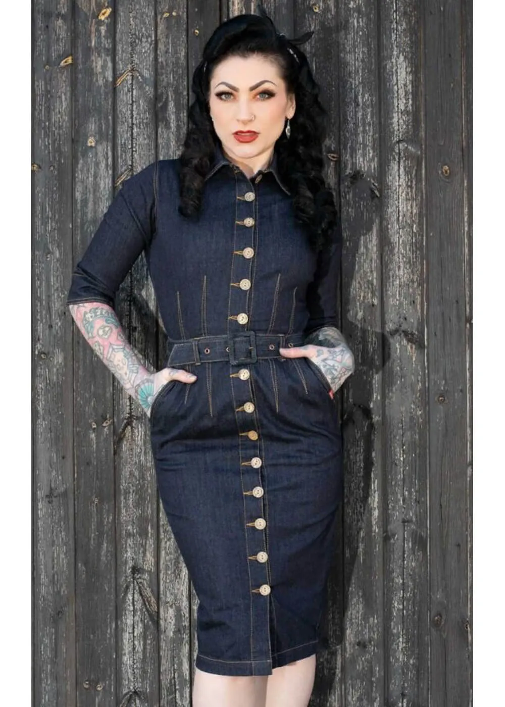 Rumble59 Second Skin Jeans 50's Pencil Dress Denim Navy