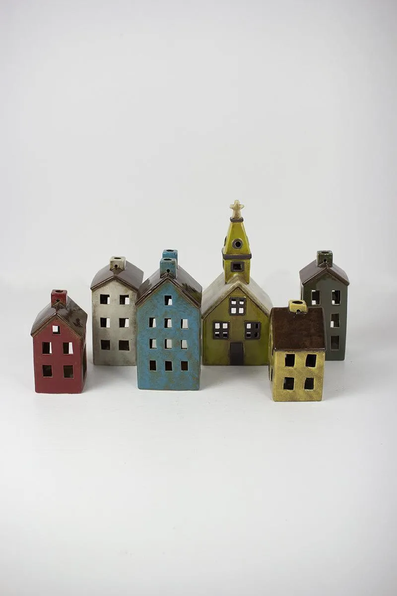 Set of 6 Colorful Ceramic Village