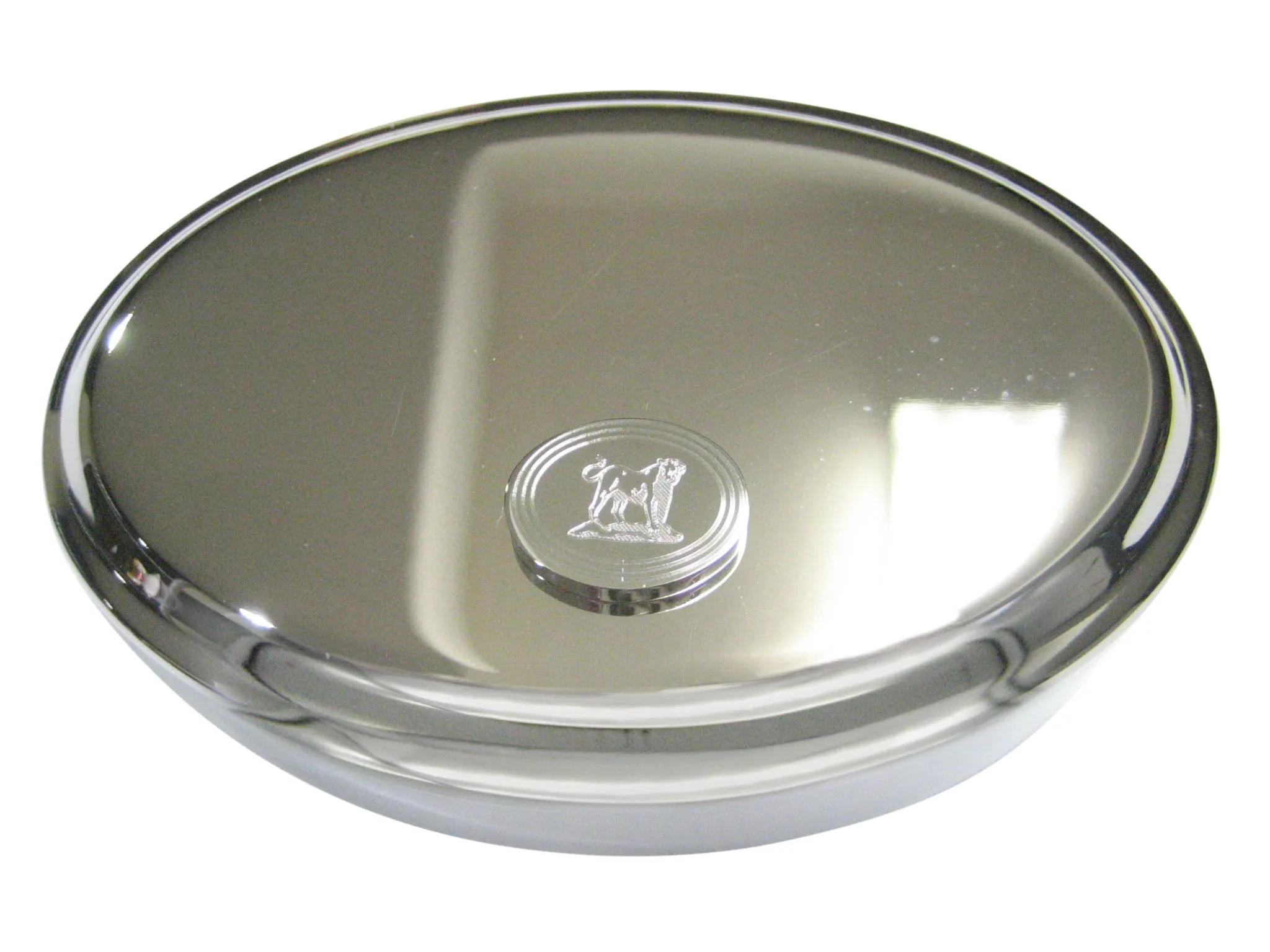 Silver Toned Etched Oval Roaring Lioness Oval Trinket Jewelry Box
