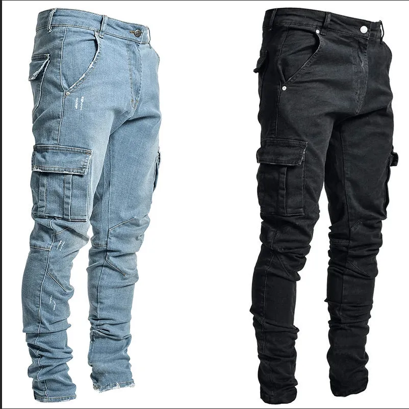 Straight Legged Skinny Denim Jeans with Cargo Pockets