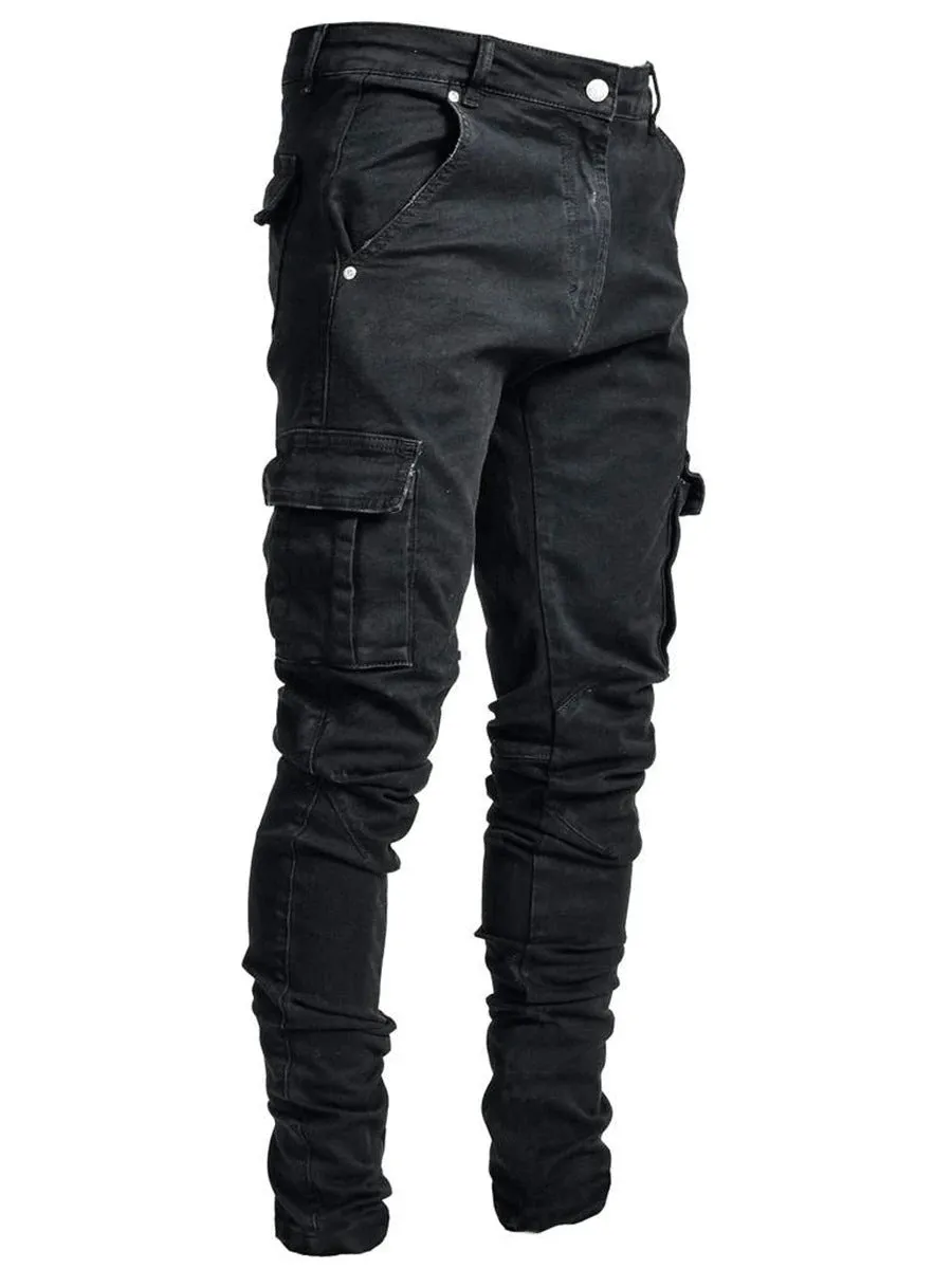 Straight Legged Skinny Denim Jeans with Cargo Pockets