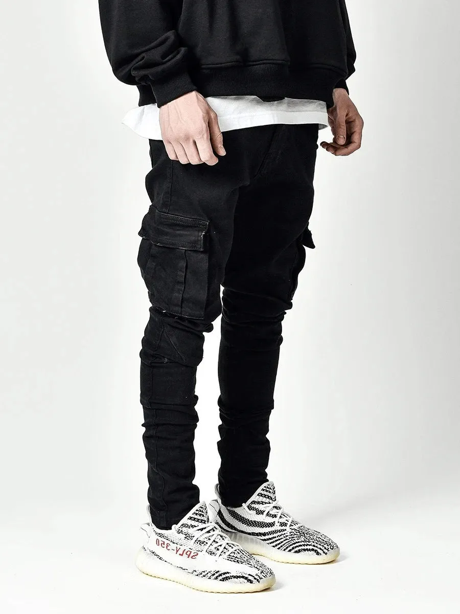 Straight Legged Skinny Denim Jeans with Cargo Pockets