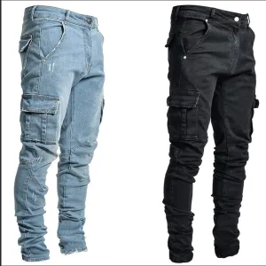 Straight Legged Skinny Denim Jeans with Cargo Pockets