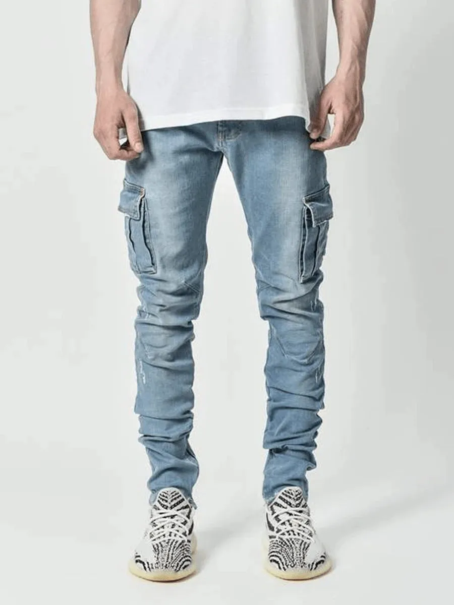 Straight Legged Skinny Denim Jeans with Cargo Pockets