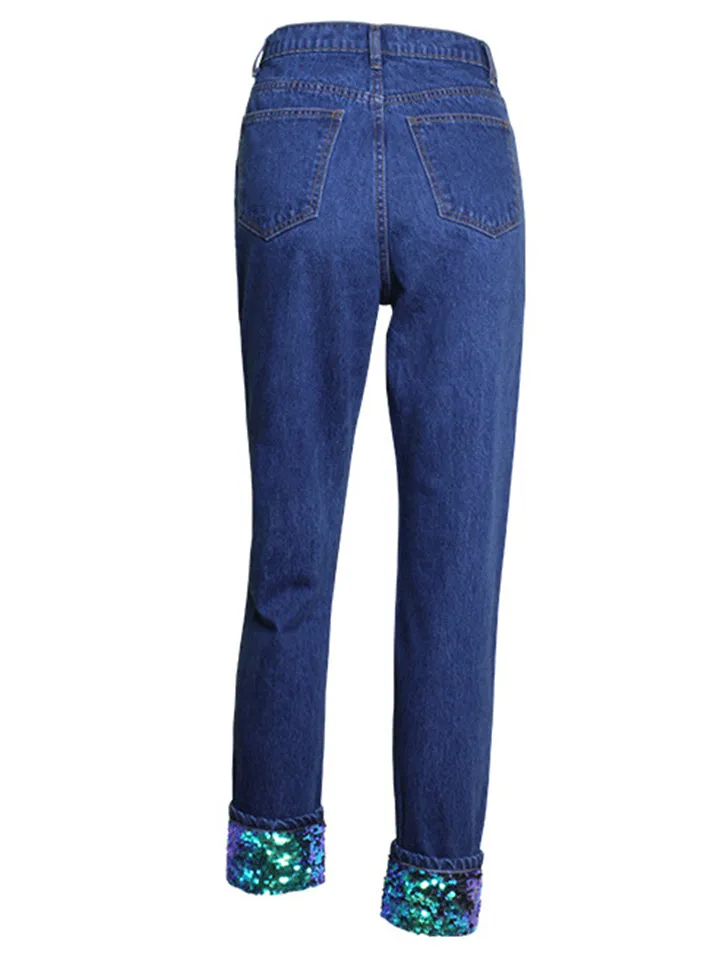 Street Style Women Ripped Extra Loose Sequin Straight-Leg Denim Jeans