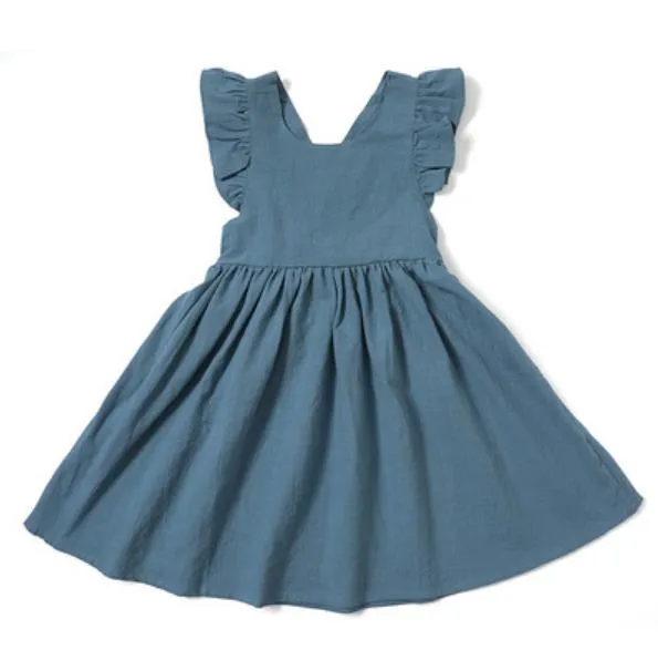 Summer Baby Girls Flying Sleeve Cotton Linen Dress - White, Blue, Yellow, Green, Red, Beige