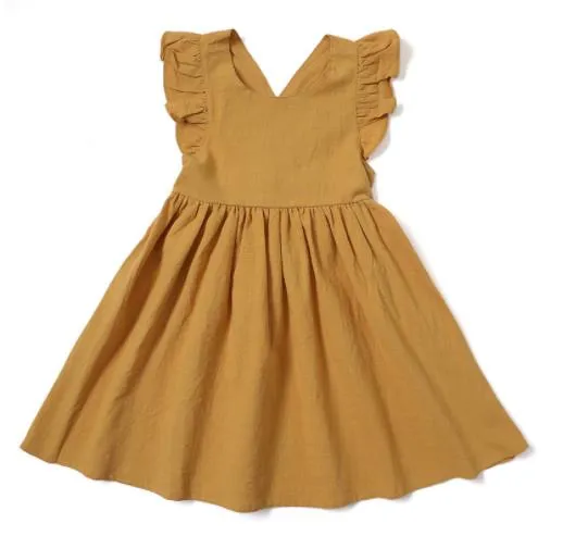 Summer Baby Girls Flying Sleeve Cotton Linen Dress - White, Blue, Yellow, Green, Red, Beige