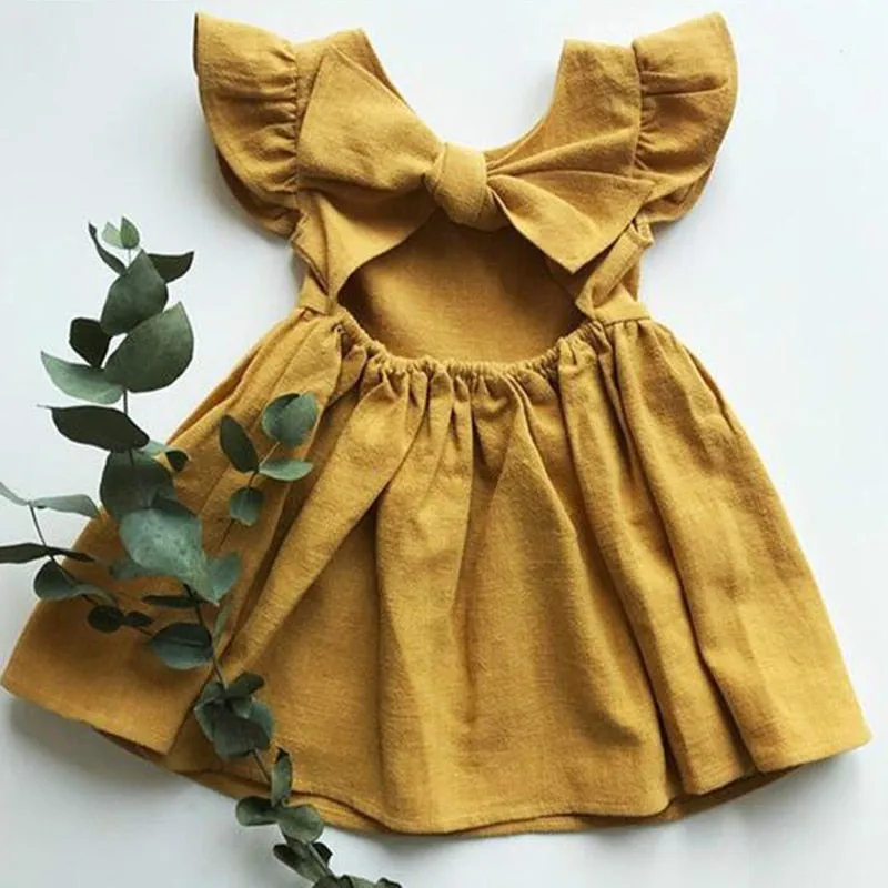 Summer Baby Girls Flying Sleeve Cotton Linen Dress - White, Blue, Yellow, Green, Red, Beige