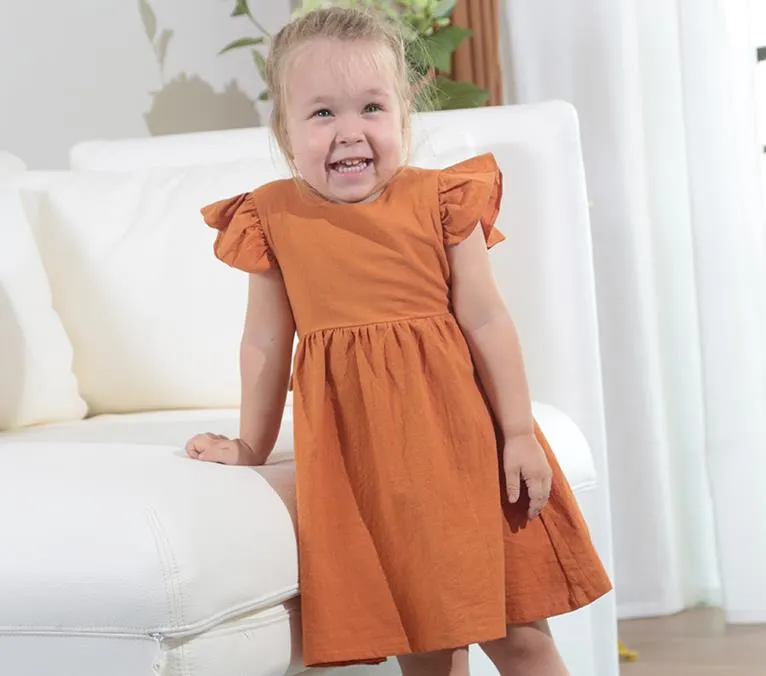Summer Baby Girls Flying Sleeve Cotton Linen Dress - White, Blue, Yellow, Green, Red, Beige