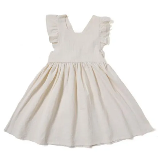 Summer Baby Girls Flying Sleeve Cotton Linen Dress - White, Blue, Yellow, Green, Red, Beige