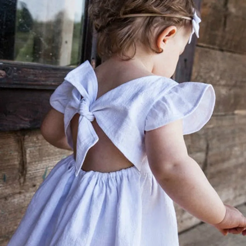 Summer Baby Girls Flying Sleeve Cotton Linen Dress - White, Blue, Yellow, Green, Red, Beige