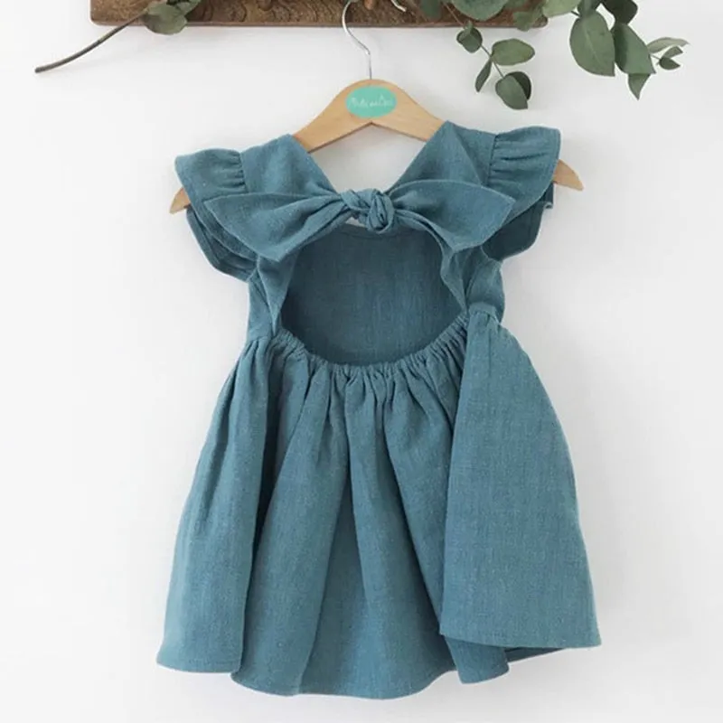 Summer Baby Girls Flying Sleeve Cotton Linen Dress - White, Blue, Yellow, Green, Red, Beige