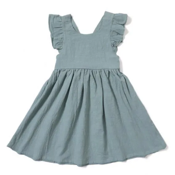 Summer Baby Girls Flying Sleeve Cotton Linen Dress - White, Blue, Yellow, Green, Red, Beige