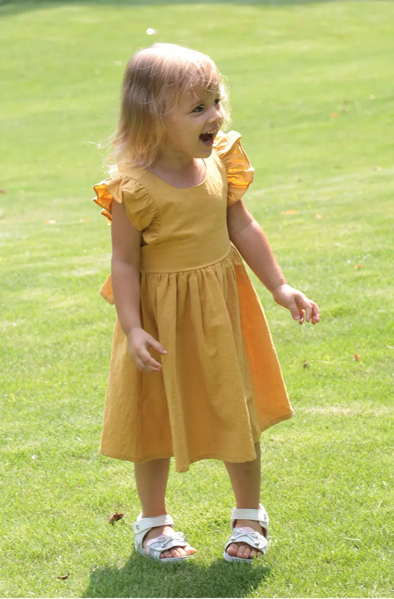 Summer Baby Girls Flying Sleeve Cotton Linen Dress - White, Blue, Yellow, Green, Red, Beige