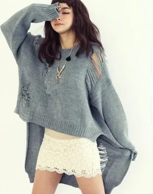 Sweaters Women Fashion O Neck Full Sleeve Asymmetrical Sweater Hollow Out Autumn Winter Very Loose Long Solid Women Sweater