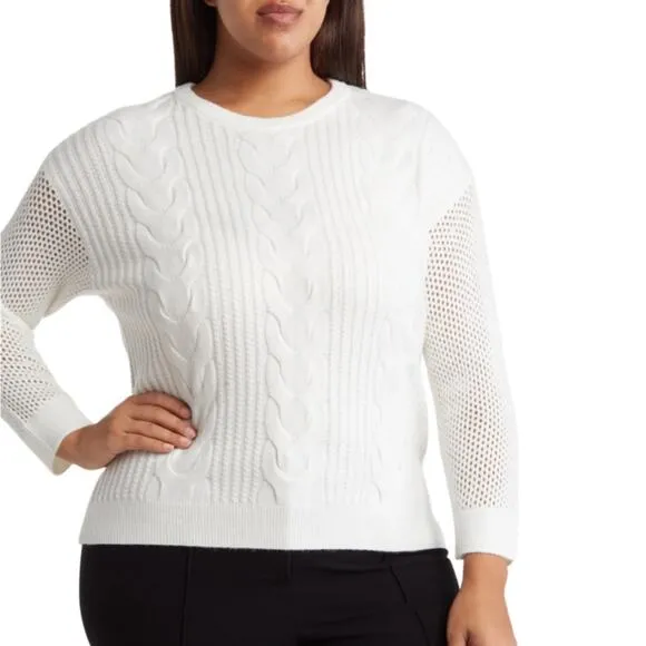 T Tahari Womens 2X Crewneck Cable Knit Pullover Sweater in Snow Globe White NEW