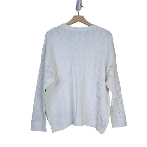 T Tahari Womens 2X Crewneck Cable Knit Pullover Sweater in Snow Globe White NEW