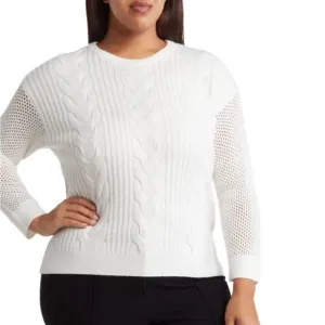 T Tahari Womens 2X Crewneck Cable Knit Pullover Sweater in Snow Globe White NEW