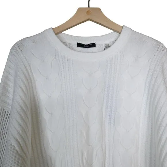 T Tahari Womens 2X Crewneck Cable Knit Pullover Sweater in Snow Globe White NEW