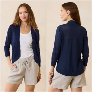 TOMMY BAHAMA Lea 100% Linen Open 3/4-Sleeve Cardigan in Island Navy Size XL