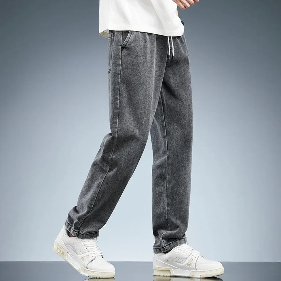 Versatile Loose-Fit Straight-Leg Jeans with Drawstring Waist for Men