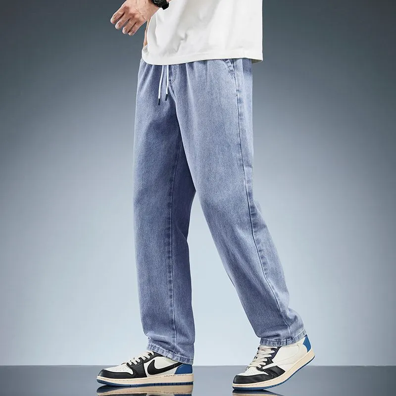 Versatile Loose-Fit Straight-Leg Jeans with Drawstring Waist for Men