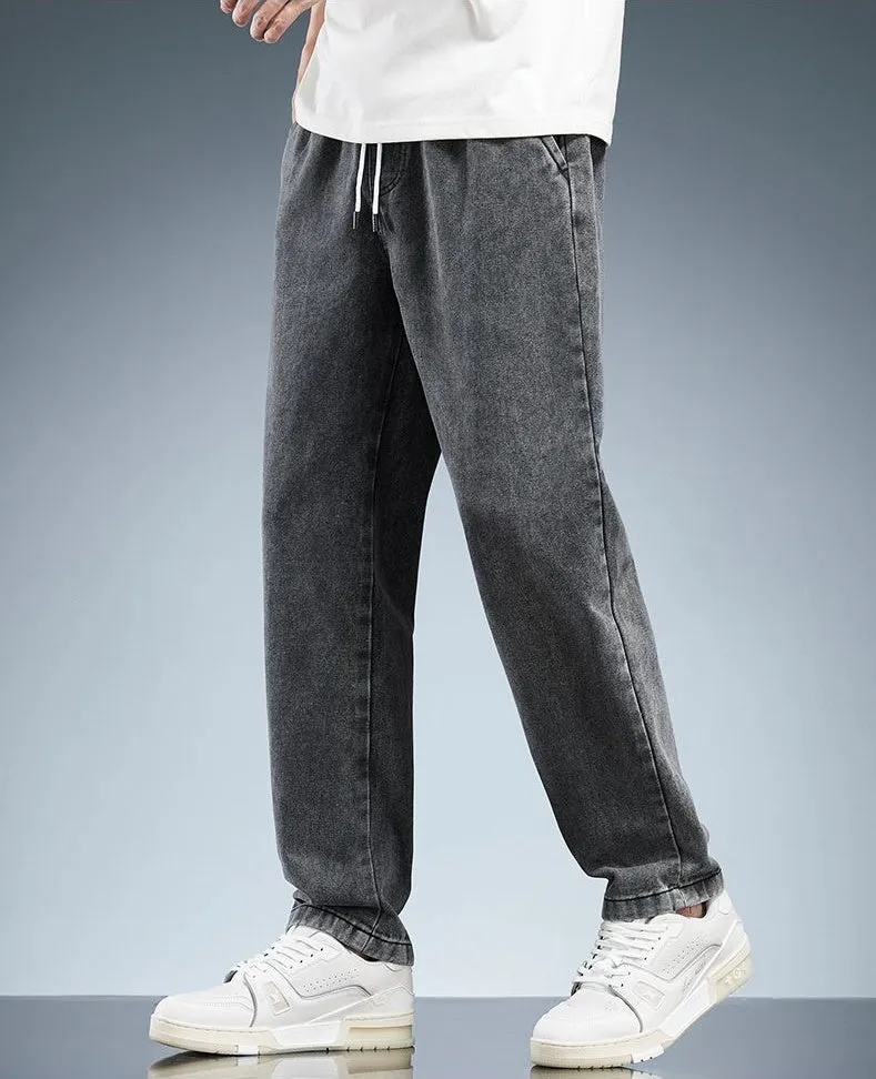 Versatile Loose-Fit Straight-Leg Jeans with Drawstring Waist for Men
