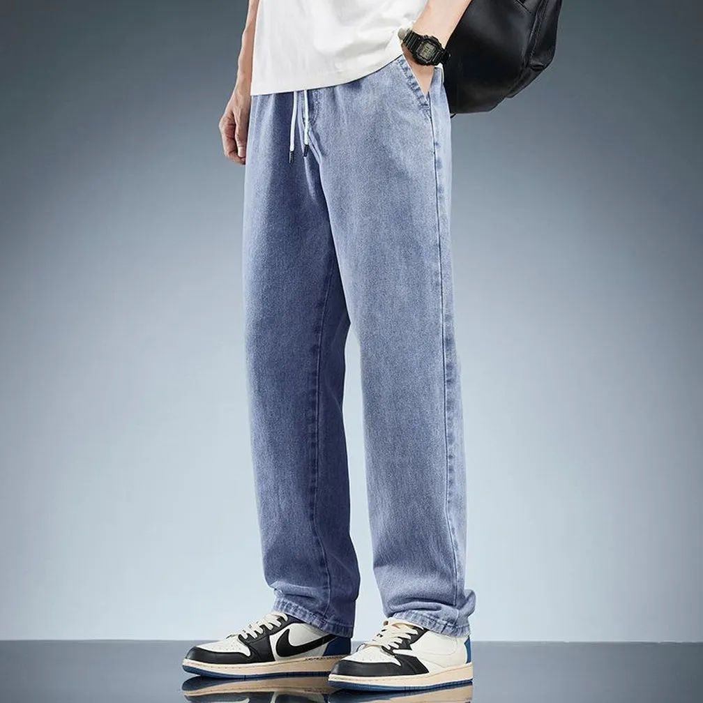 Versatile Loose-Fit Straight-Leg Jeans with Drawstring Waist for Men