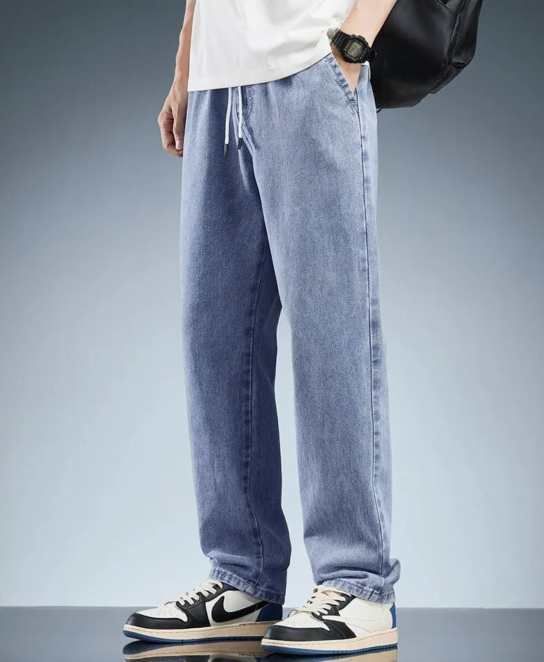 Versatile Loose-Fit Straight-Leg Jeans with Drawstring Waist for Men