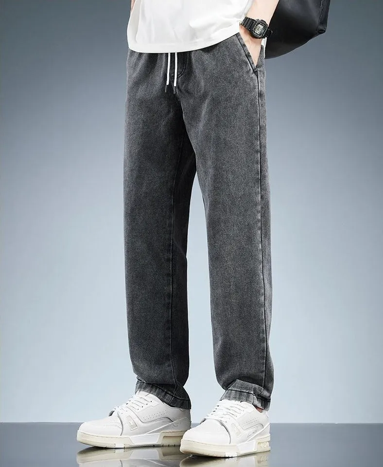 Versatile Loose-Fit Straight-Leg Jeans with Drawstring Waist for Men