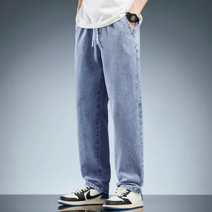 Versatile Loose-Fit Straight-Leg Jeans with Drawstring Waist for Men