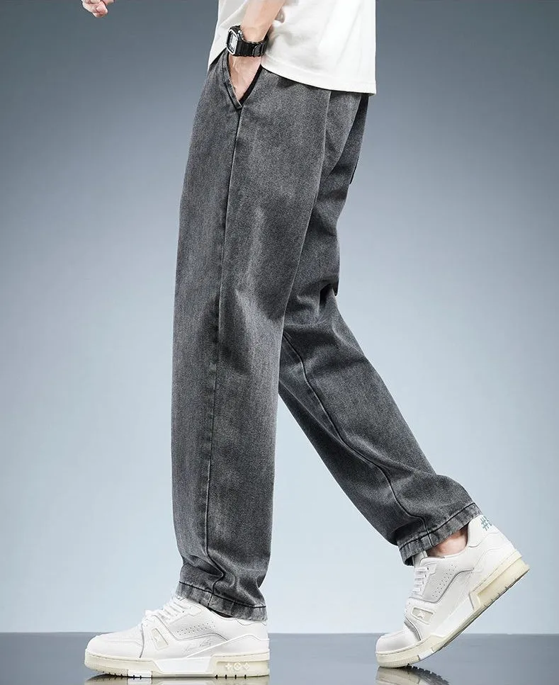 Versatile Loose-Fit Straight-Leg Jeans with Drawstring Waist for Men