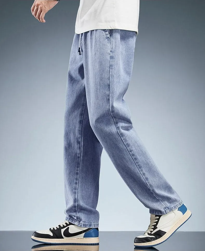 Versatile Loose-Fit Straight-Leg Jeans with Drawstring Waist for Men