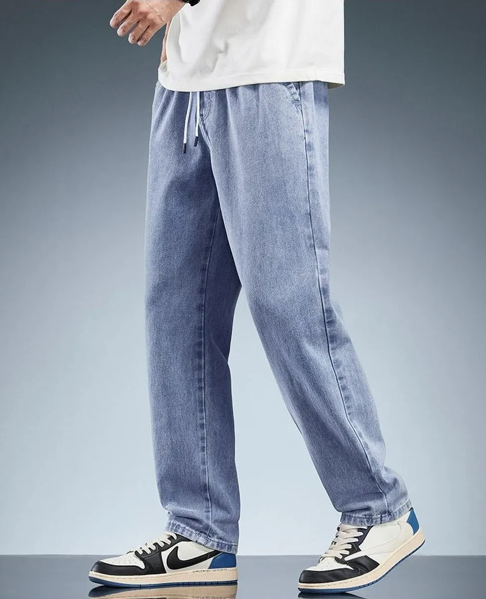Versatile Loose-Fit Straight-Leg Jeans with Drawstring Waist for Men