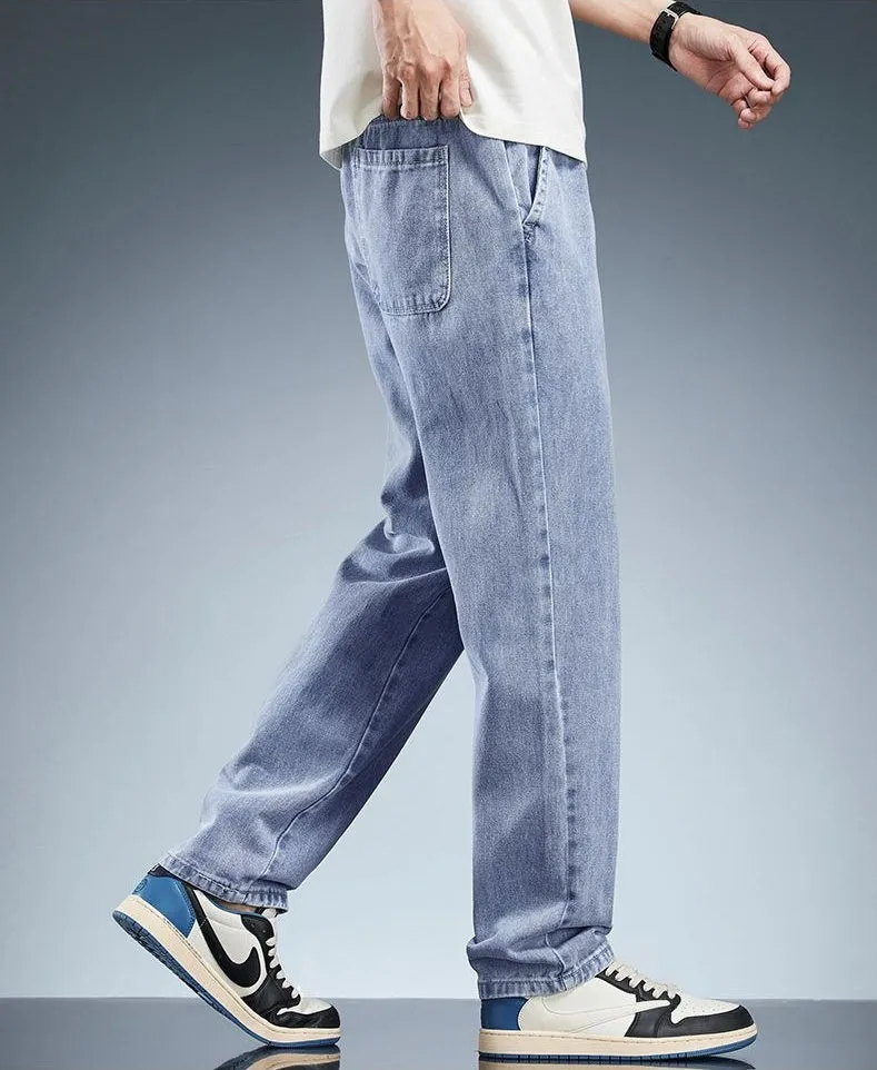Versatile Loose-Fit Straight-Leg Jeans with Drawstring Waist for Men