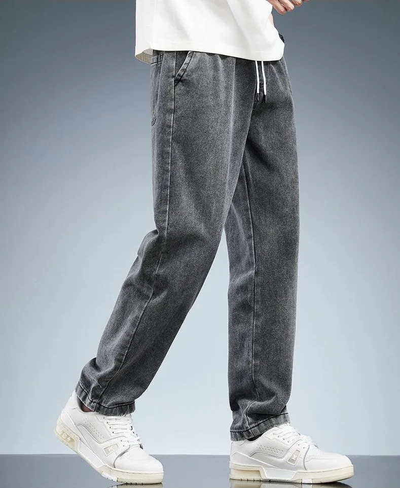 Versatile Loose-Fit Straight-Leg Jeans with Drawstring Waist for Men